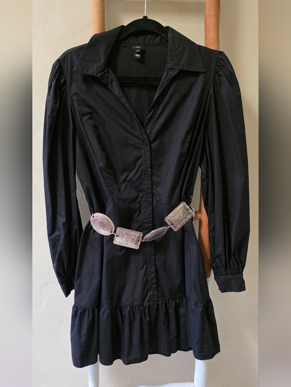 River Island Western Vibes Black Ruffle-Hem Button Front Dress Sz 12